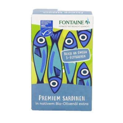 Fontaine Sardinen mit Haut & Gräten in Bio Olivenöl 120g