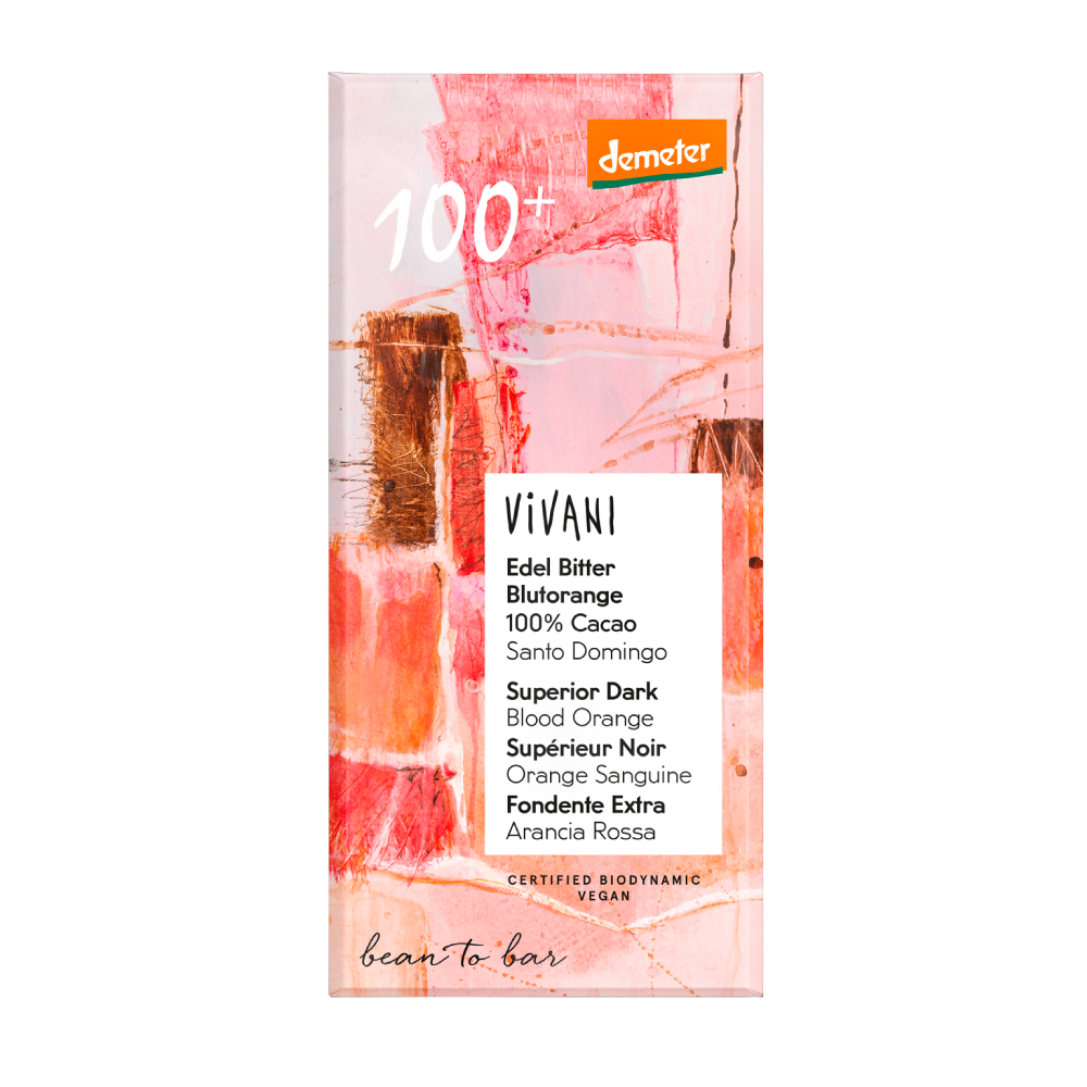 Vivani Edel Bitter Blutorange Schokolade 100% Cacao demeter 90g